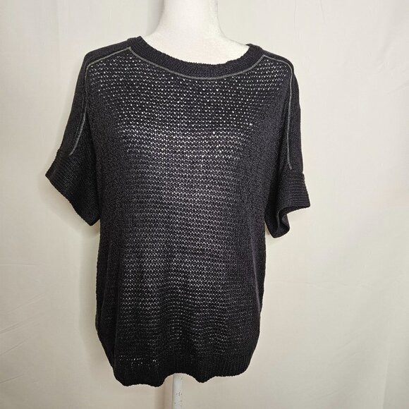 Chico's Size Medium (1) Round Neck Short Sleeve Deep Navy Open Knit Sweater - Picture 1 of 9